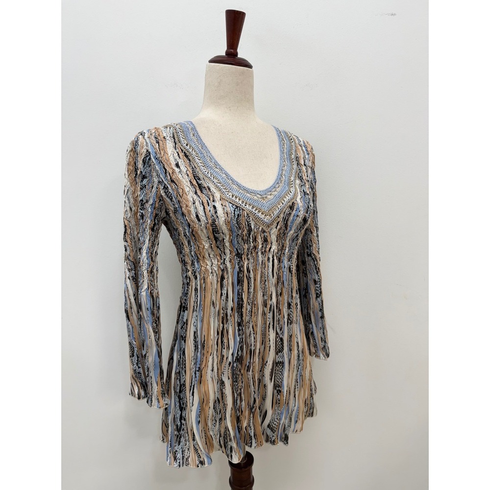 Alberto Makali Y2K Tunic Top Size M Snakeskin Stripe Crochet V-Neck Bell Sleeve